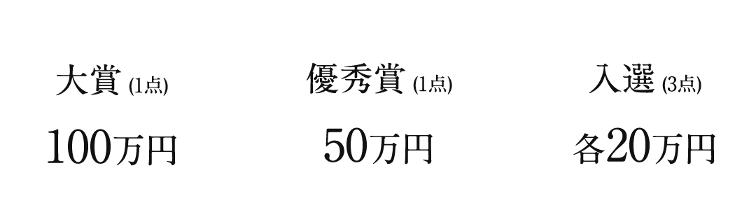 大賞 (1点) 100万円 / 優秀賞 (1点) 50万円 / 入選 (3点) 各20万円