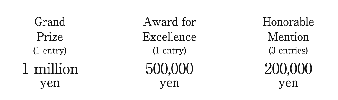 Grand Prize (1 entry) 1 million yen / Award for Excellence (1 entry) 500,000 yen / Honorable Mention (3 entries) 200,000 yen (for each winner)